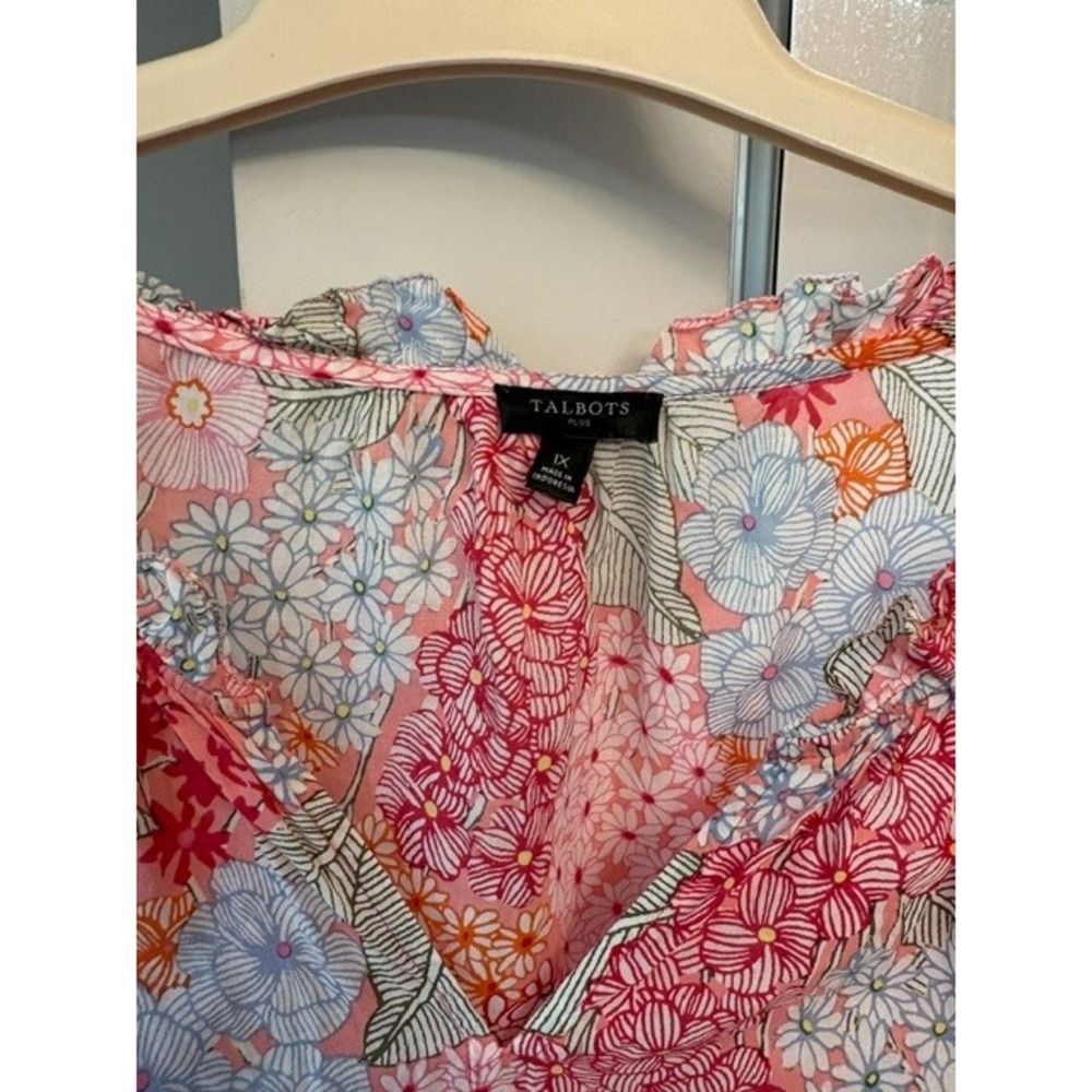 Talbots Plus 1X Floral Blouse Women's Cotton Pink Ruffle Sleeveless Top - Picture 2 of 5